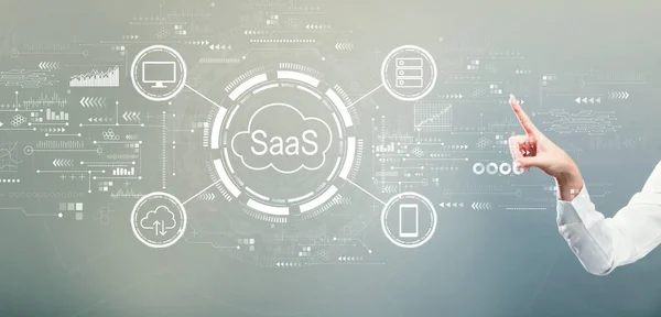 SaaS - mjukvara som ett servicekoncept med handtryck på en knapp — Stockfoto