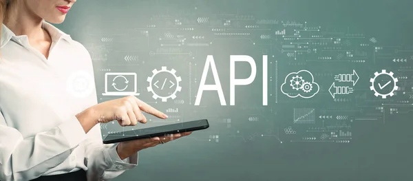 API - program programmering gränssnitt koncept med affärskvinna med hjälp av en tablett — Stockfoto