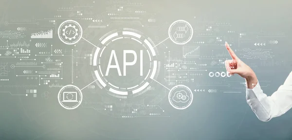 API - concepto de interfaz de programación de aplicaciones con la mano presionando un botón —  Fotos de Stock