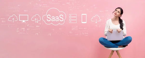 SaaS - програмне забезпечення як концепція обслуговування з жінкою за допомогою ноутбука — стокове фото