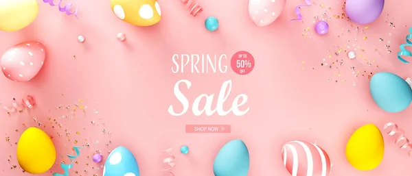 Voorjaarsverkoop bericht met paaseieren en lente pastelkleuren — Stockfoto