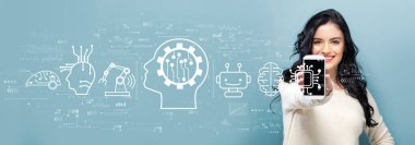 Akıllı telefon tutan bir kadının gelecekteki teknoloji konsepti.