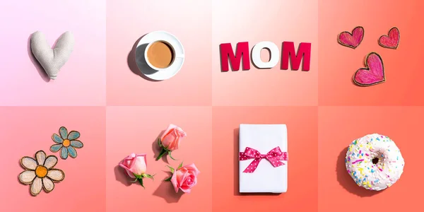 Muttertagsthema mit Geschenkbox, Herzen und Rosen — Stockfoto