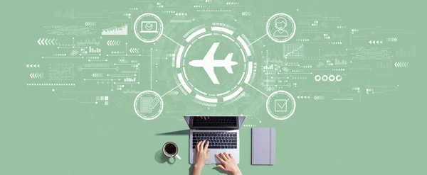 Flight ticket booking concept with person working with laptop — Stock Photo, Image