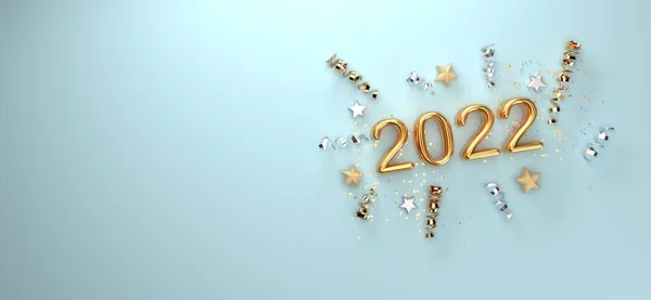 2022 Tema de celebración de Año Nuevo con confeti y estrellas - 3D —  Fotos de Stock