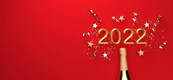 Новорічна тема 2022 року з пляшкою шампанського з конфетті - 3D — стокове фото