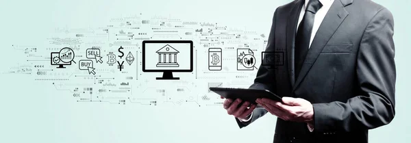 Cryptocurrency fintech tema med affärsman som håller en tablett — Stockfoto