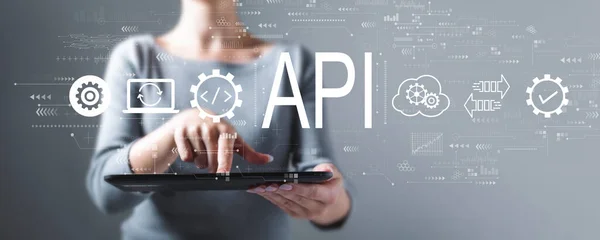 Api - program programmering gränssnitt koncept med kvinna med hjälp av en tablett — Stockfoto