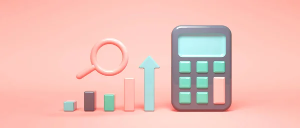 Calculation theme with calculator, bar graph and magnifying glass — Stock Photo, Image