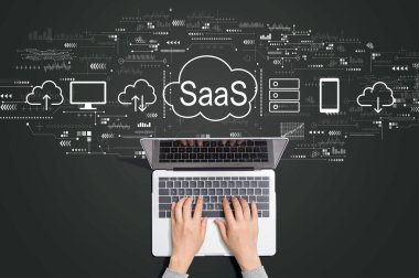 SaaS - bir hizmet kavramı olarak dizüstü bilgisayar kullanan kişi ile yazılım