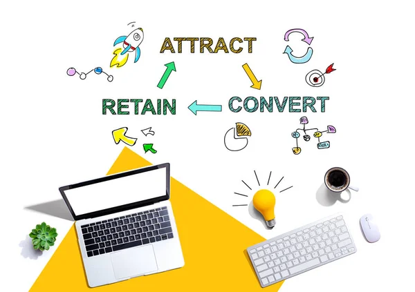 Attract convert retain concept with computers and a lightbulb — Foto de Stock