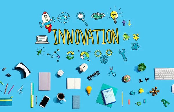 Innovation theme with electronic gadgets and office supplies — Stok fotoğraf