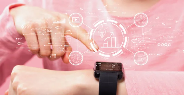 Content marketing concept with woman pressing smart watch — Stock Photo, Image