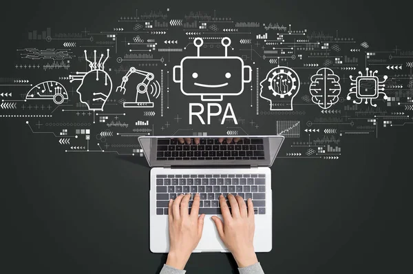 Dizüstü bilgisayar kullanan kişiyle robot işlem otomasyon temasıName