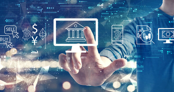 Криптовалюта финтех тема с человеком на фоне города