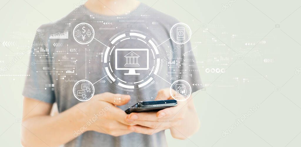 Cryptocurrency fintech theme with man using a smartphone