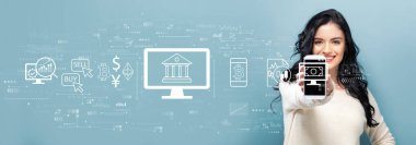 Akıllı telefon tutan kadının kripto para birimi fintech temasıName