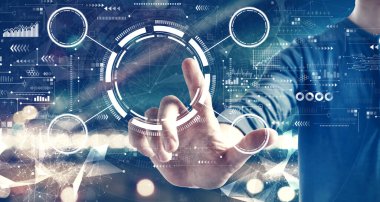 Şehrin arka planında bir adamla teknoloji çemberi