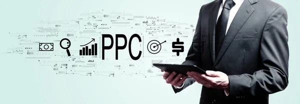 Ppc Concepto Pago Por Clic Con Empresario Sosteniendo Una Tableta —  Fotos de Stock