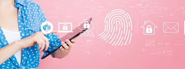 Fingerprint Scanning Theme Young Woman Using Tablet Computer — Stock Photo, Image