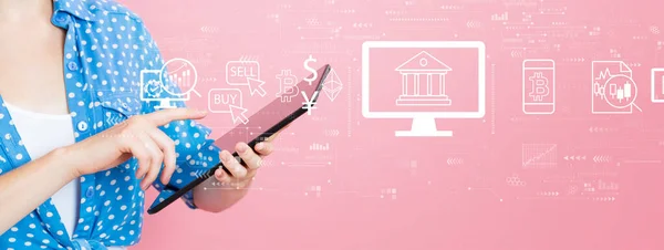 Cryptocurrency Fintech Theme Young Woman Using Tablet Computer — Stock Photo, Image