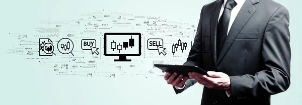 Stock Trading Theme Businessman Holding Tablet Computer — Stock fotografie