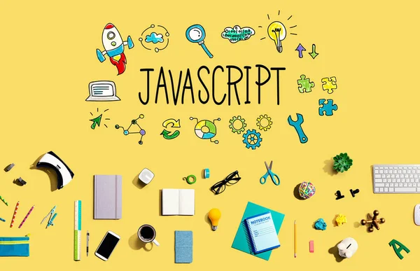 Java Script theme with collection of electronic gadgets and office supplies