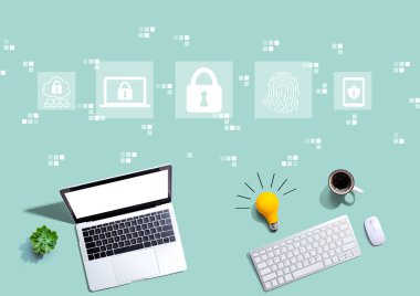 Yukarıdan gelen ampullü bilgisayarlarla internet ağ güvenliği kavramı