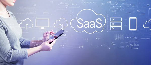 SaaS - software as a service concept with business woman using a tablet computer