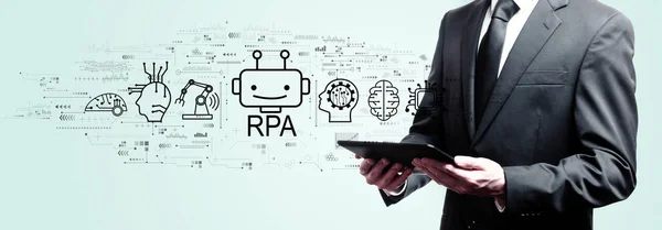 机器人处理自动化Rpa主题与商人持有平板电脑 — 图库照片