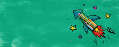 Elle çizilmiş roket ve renkli kalemlerle okula dönüş teması