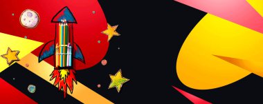 Elle çizilmiş roket ve renkli kalemlerle okula dönüş teması