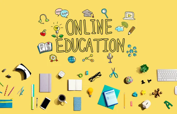 Online education with collection of electronic gadgets and office supplies