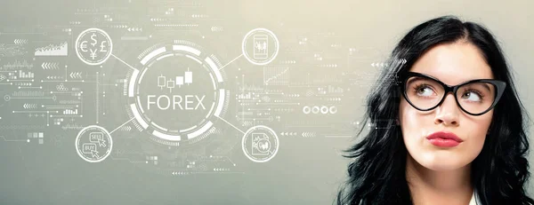 Forex Trading Concept Met Jonge Zakenvrouw Een Bedachtzaam Gezicht — Stockfoto