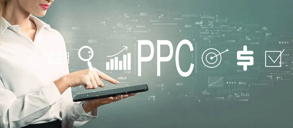 Ppc Pay Click Concept Met Zakenvrouw Met Behulp Van Een — Stockfoto