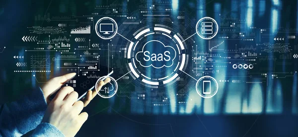 SaaS - software as a service concept with person using a smartphone