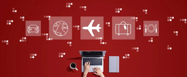 Airplane Travel Theme Person Working Laptop — Stock Photo, Image