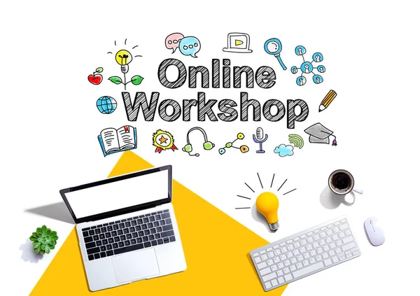 Online workshop with computers and a light bulb