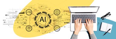 Dizüstü bilgisayar kullanan kişi ile yapay zeka kavramı