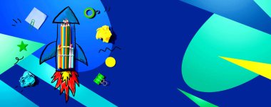 Okul temalı bir roketle okul malzemeleriyle