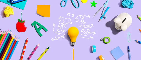 Brainstorming Concept Light Bulb School Supplies Flat Lay — ストック写真