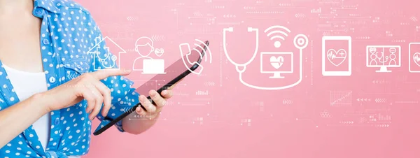 Telemedicine Theme Young Woman Using Tablet Computer — Stock Photo, Image