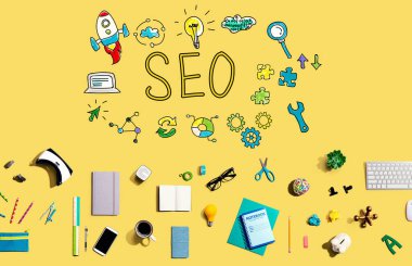 Elektronik aletler ve ofis malzemeleri koleksiyonuyla SEO.