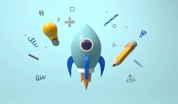 Education and school theme with a rocket and a lightbulb - 3D render