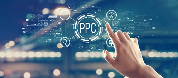 Ppc Pay Click Concept Met Hand Drukken Een Knop Een — Stockfoto