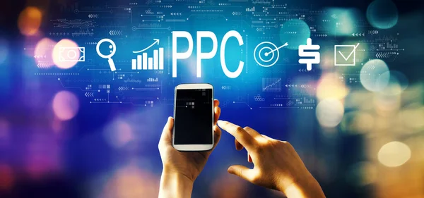 Ppc Pay Click Concept Met Persoon Die Een Smartphone Gebruikt — Stockfoto