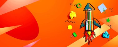 Okul temalı bir roketle okul malzemeleriyle