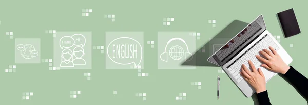 Learning English Theme Person Using Laptop Computer — Stockfoto