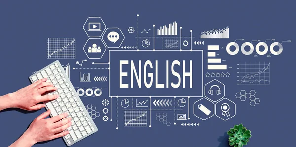 Learning English Concept Person Using Computer Keyboard — 图库照片