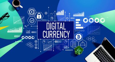 Digital currency theme with a laptop computer on a blue and green pattern background